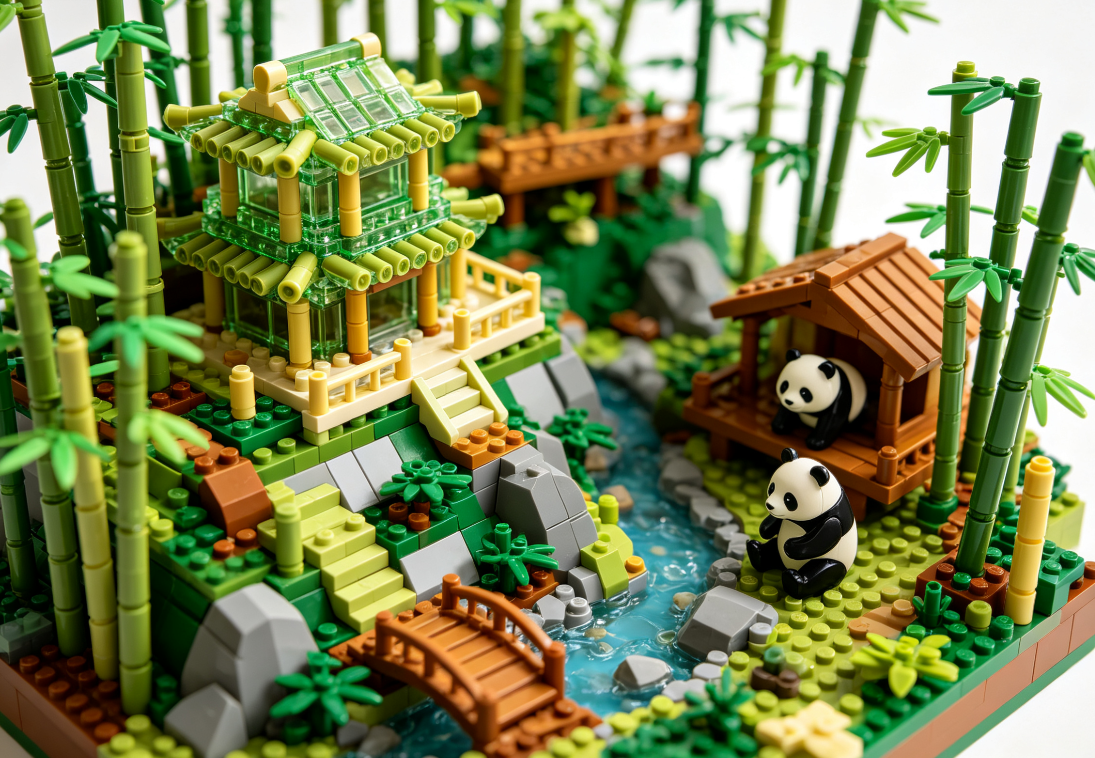 A beautifully constructed bamboo forest building set with panda figures displayed on a shelf