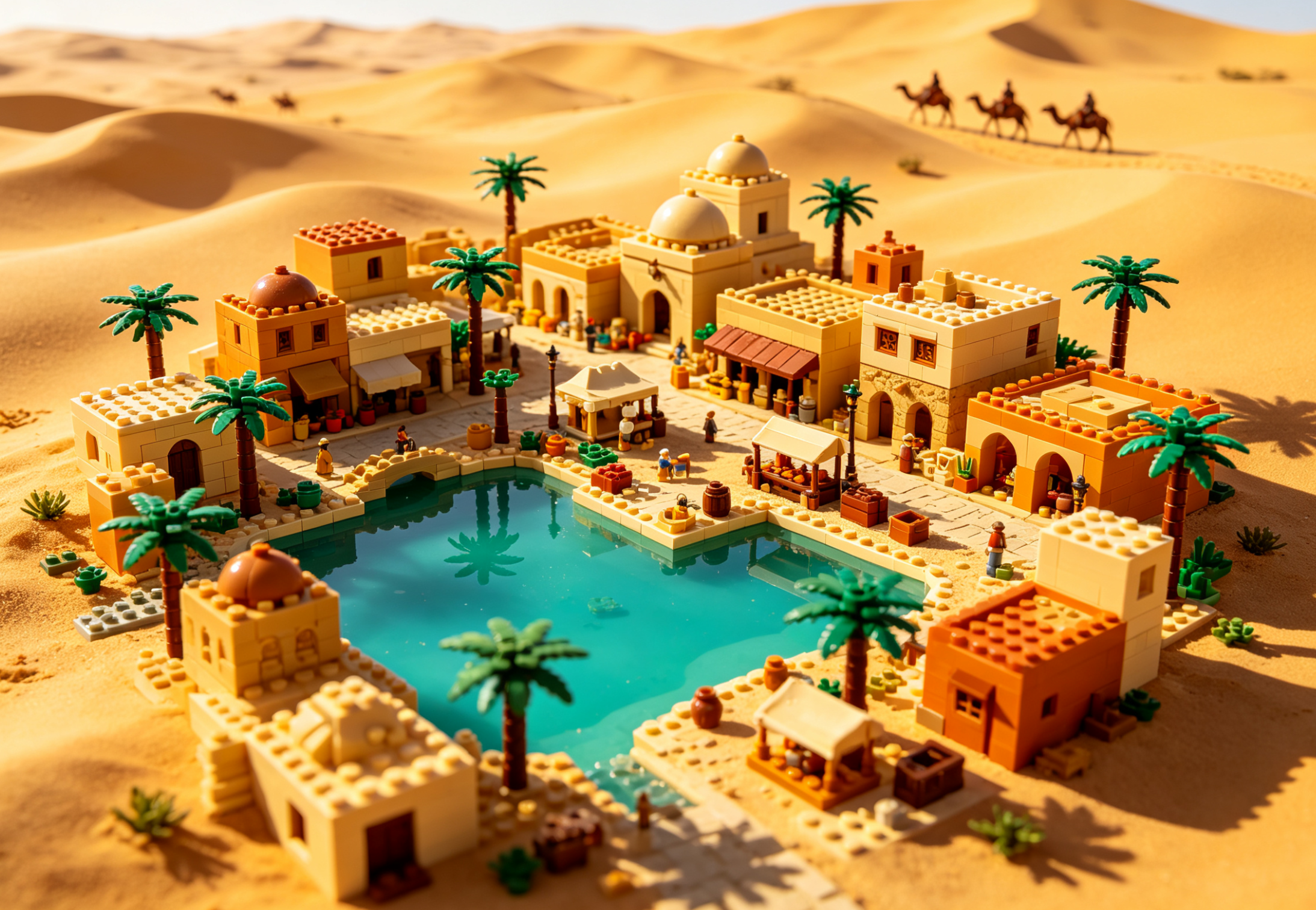 A detailed brick-built model of a desert oasis village with palm trees and ancient buildings