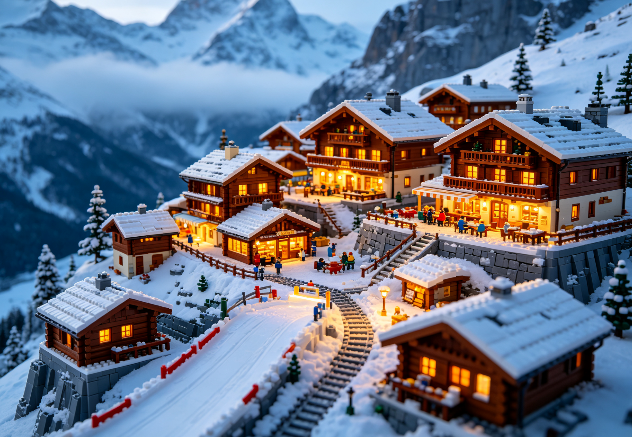 A beautifully detailed snow mountain lodge built from building blocks, complete with snowy trees and a cozy glow from the windows.