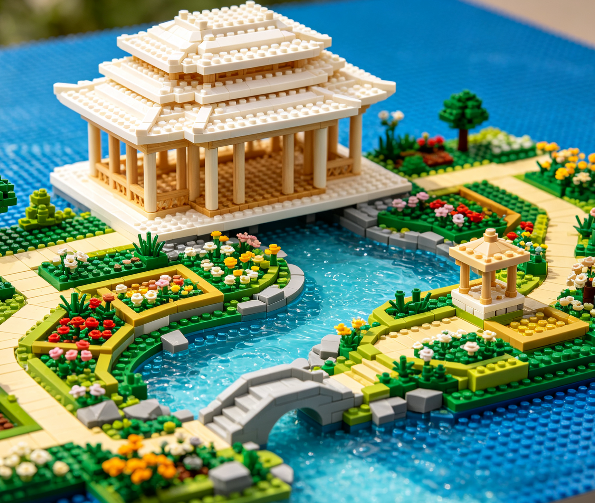 A beautifully completed Lake Pavilion building block set showing a tranquil garden with a pavilion over water.