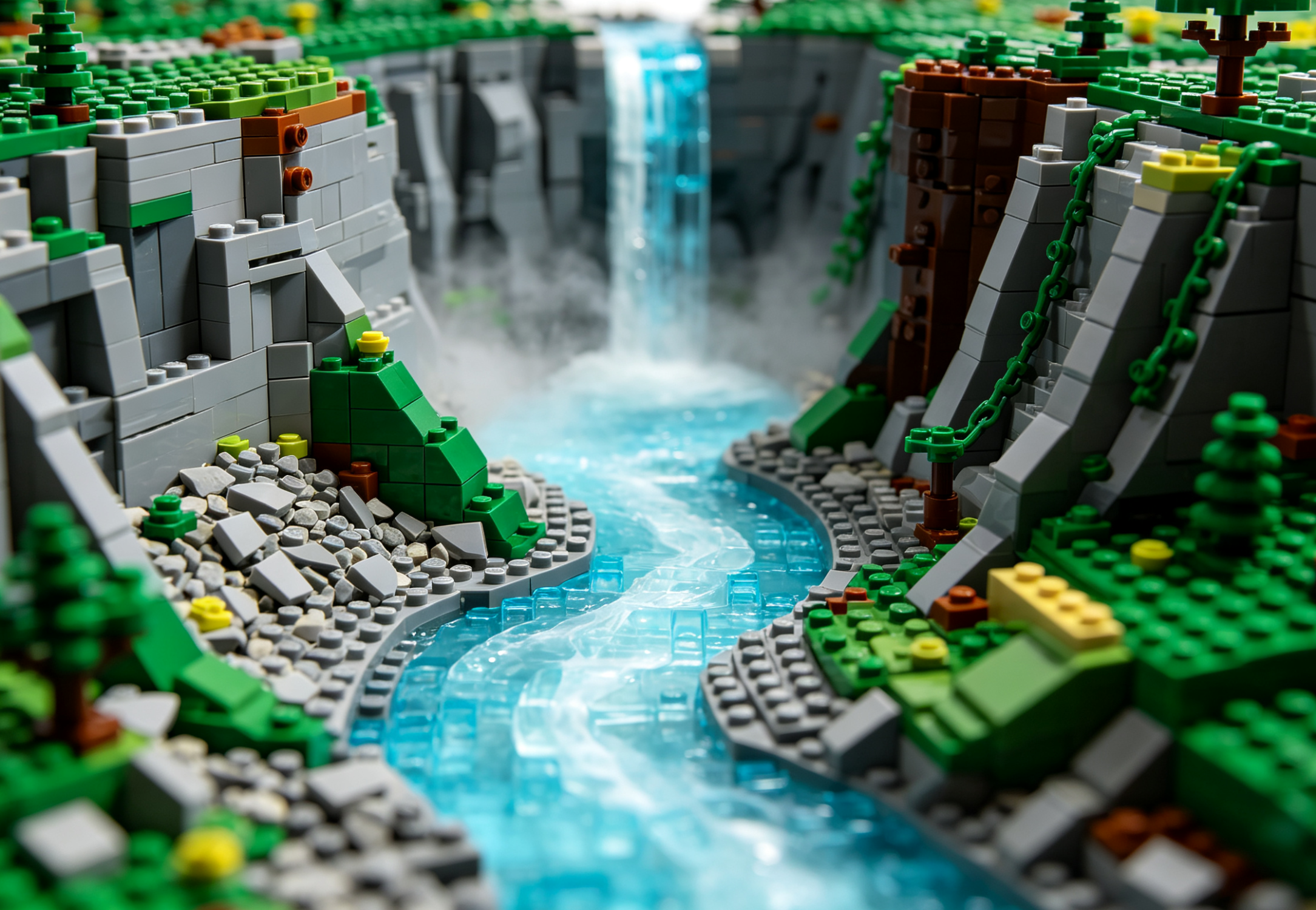 A beautifully constructed waterfall landscape model made from building blocks, showcasing detailed rockwork and transparent blue water elements.