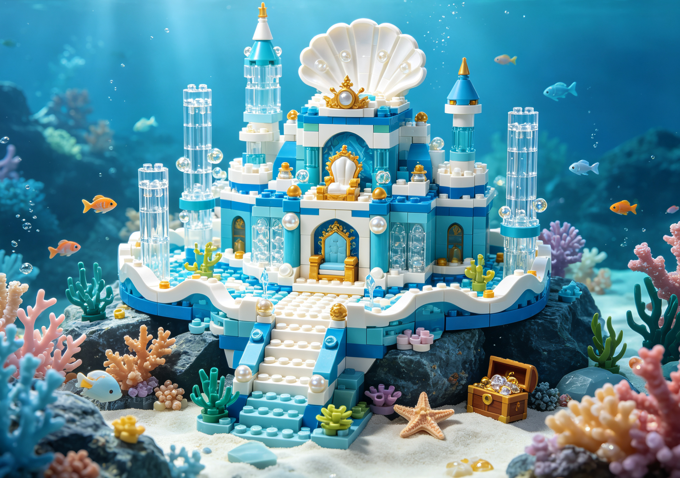 An incredibly detailed and majestic Dragon Palace building block set, featuring towers, sea creatures, and vibrant colors
