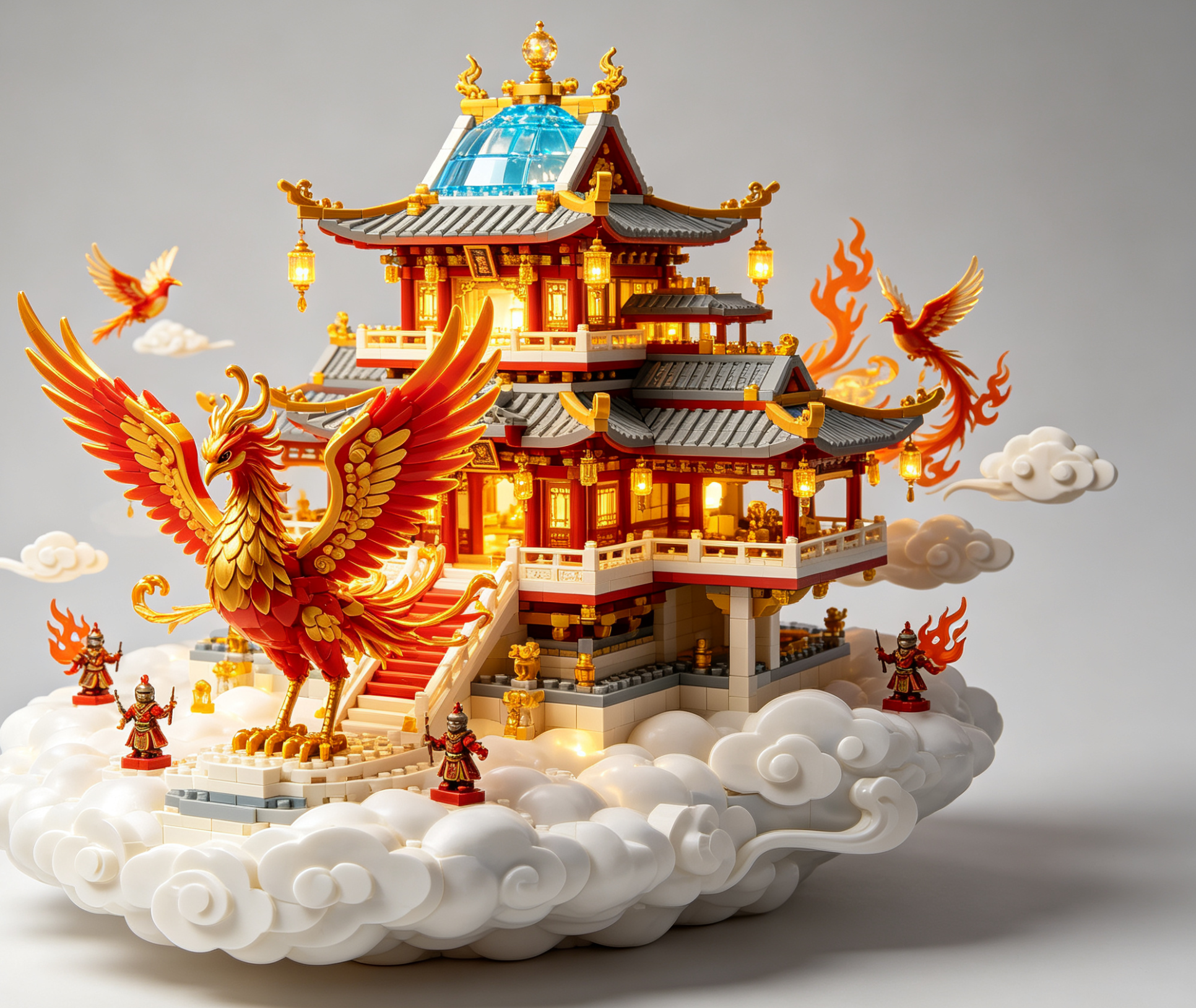A magnificent and intricate building block model of a Phoenix temple, glowing with fiery colors.
