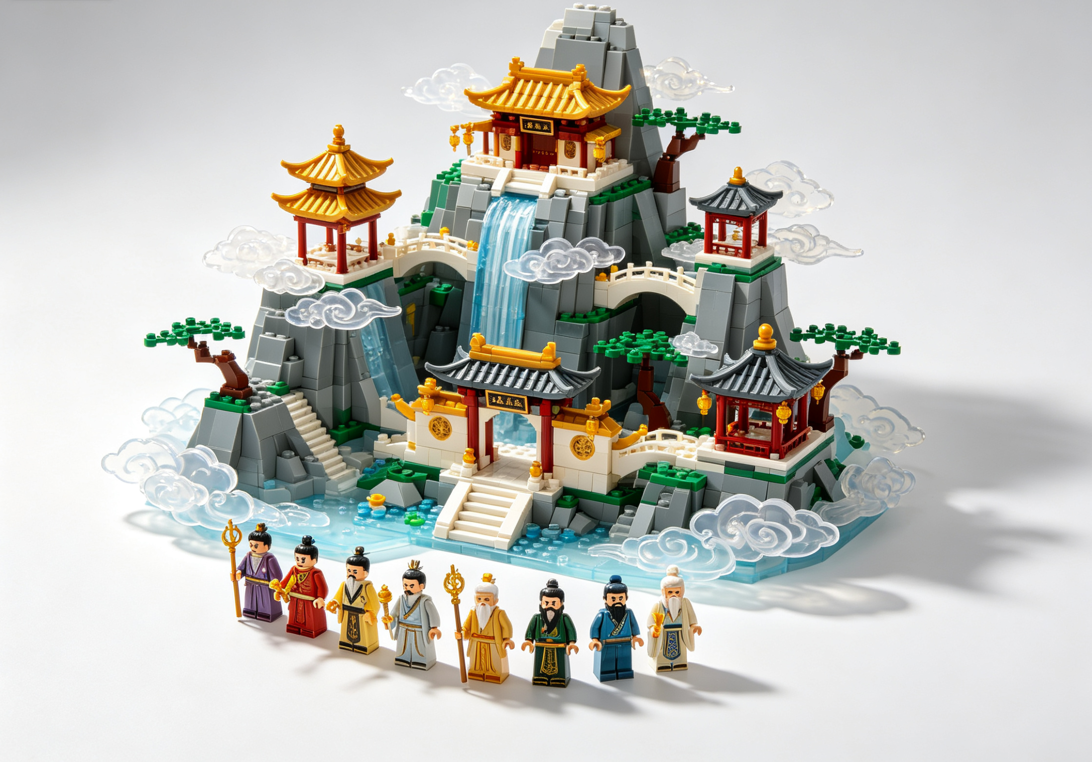 An intricately designed building block set depicting a mythical Chinese mountain with temples and figures of the Eight Immortals.