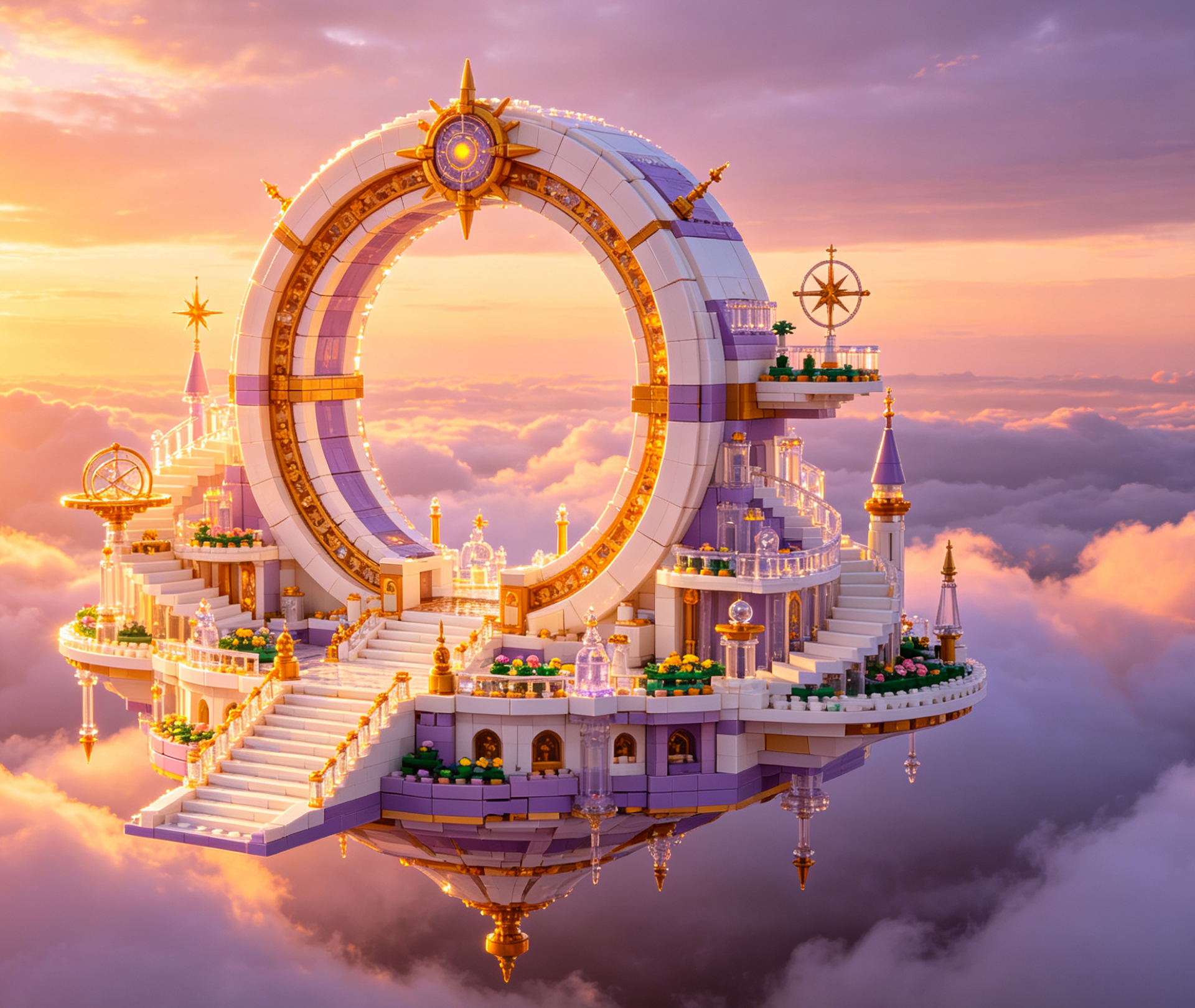 A beautifully detailed model of a celestial palace made from building blocks, featuring traditional Asian architecture.