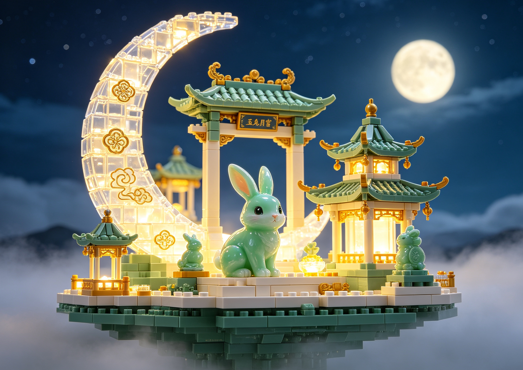 A beautifully constructed brick model of a celestial Chinese palace on the moon with a white rabbit figure