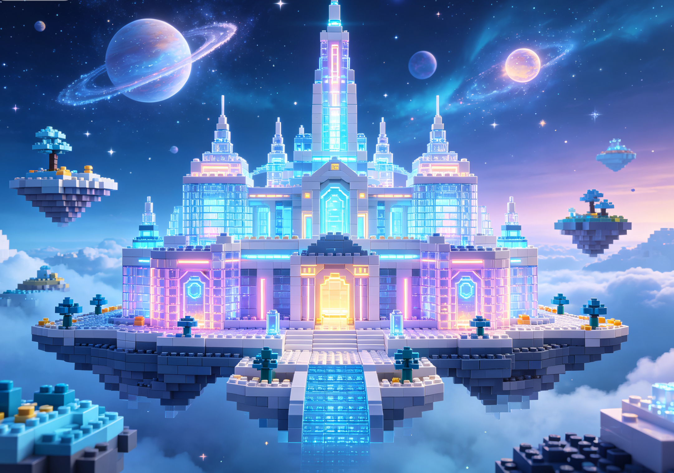 A magnificent and intricate building block model of a celestial palace with golden roofs and red pillars.