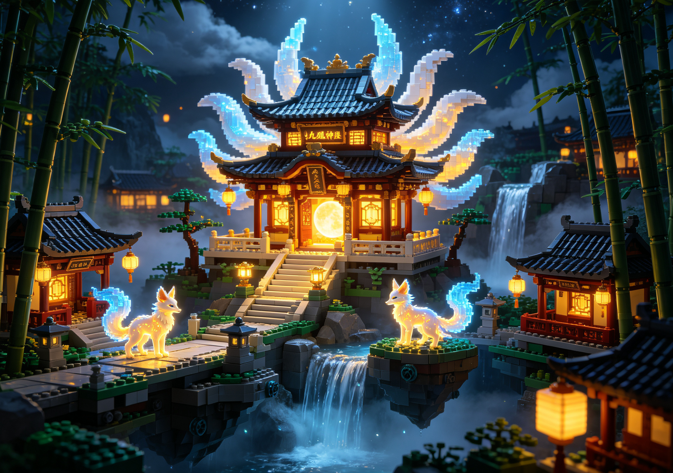A beautifully detailed building block set depicting a mystical Spirit Fox Village with a shrine and cherry blossoms