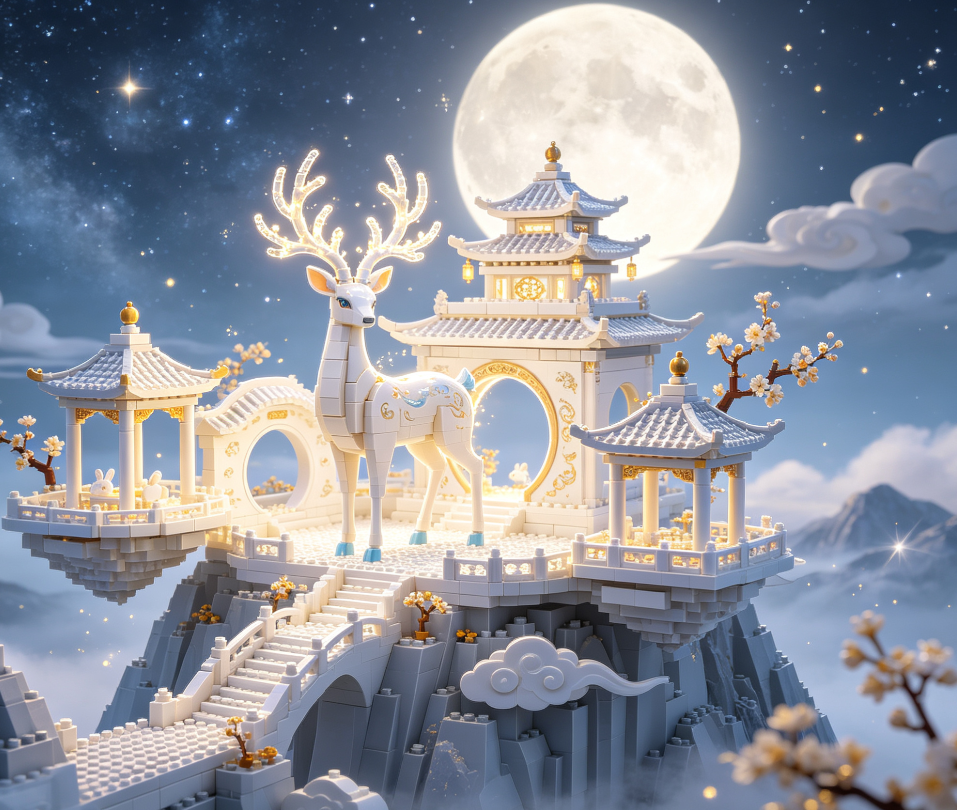 A beautifully crafted Chinese dragon model built from bricks, set within an intricate fantasy temple sanctuary.