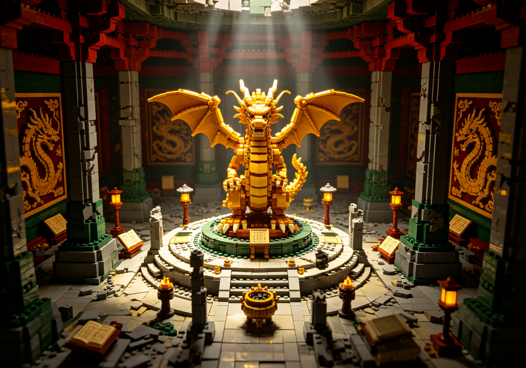 An intricately detailed building block model of a majestic ancient dragon shrine perched on a cliffside.