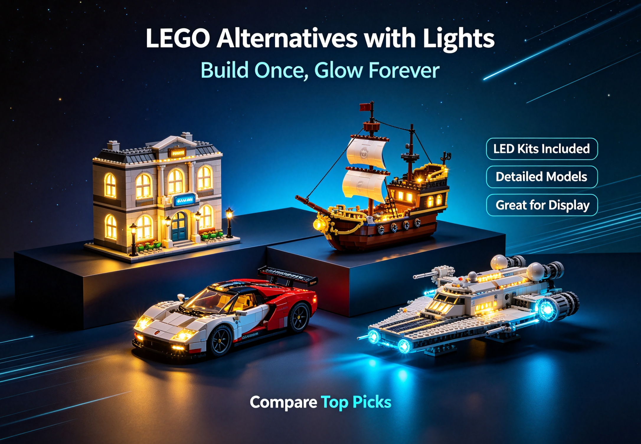 A vibrant and complex building block set with integrated lights, showcasing a LEGO alternative.