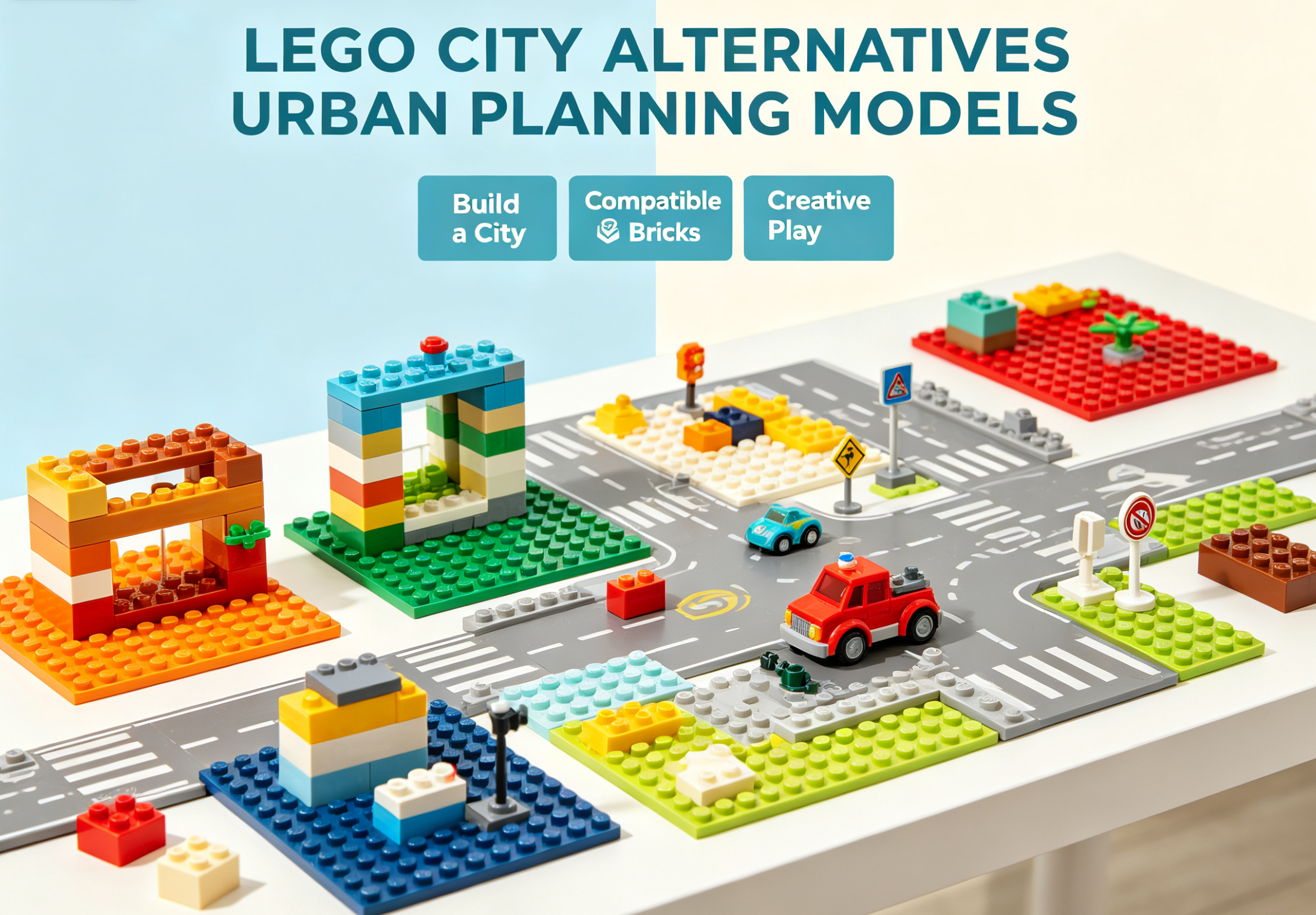 A colorful and complex cityscape built with alternative building blocks, showcasing detailed architecture and lighting.