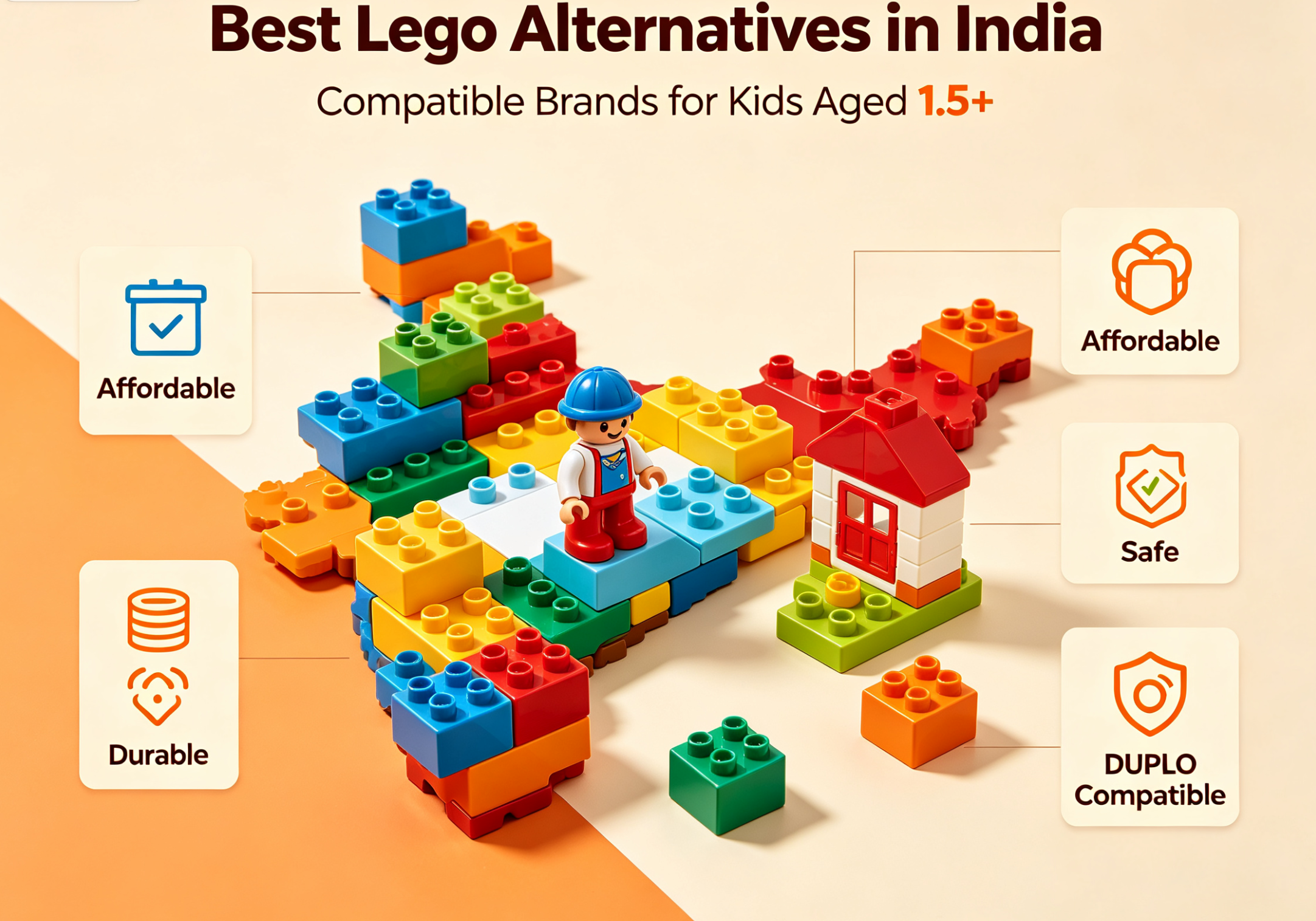 A colorful and complex building block set constructed on a table, showcasing a popular LEGO alternative