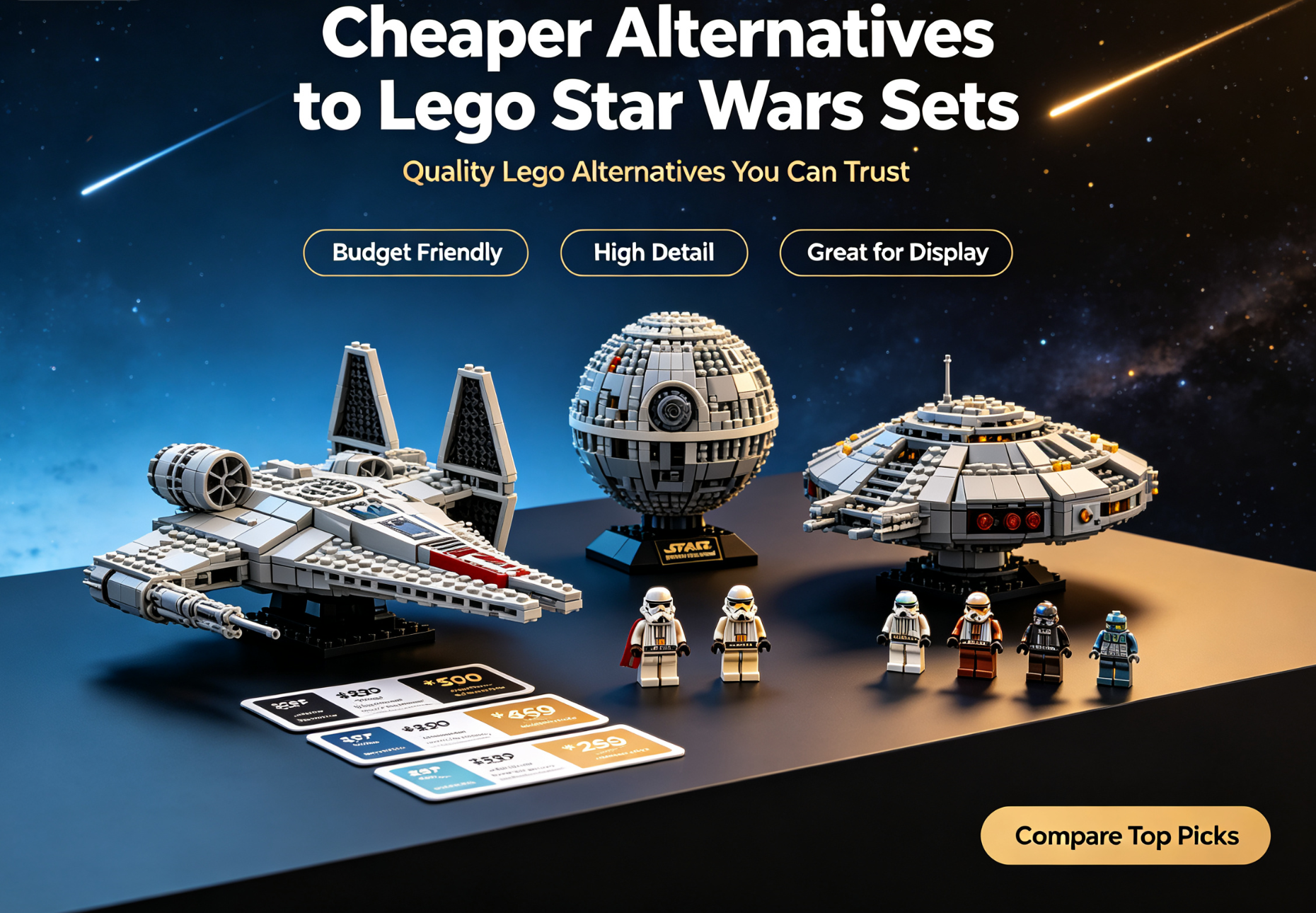A detailed starship model built from alternative building blocks, showcased against a cosmic background.