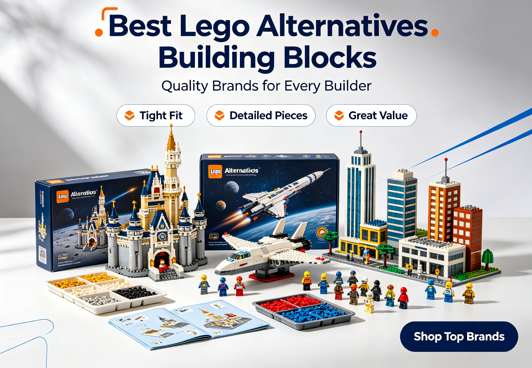 A variety of colorful building blocks from LEGO alternative brands spread out on a table.