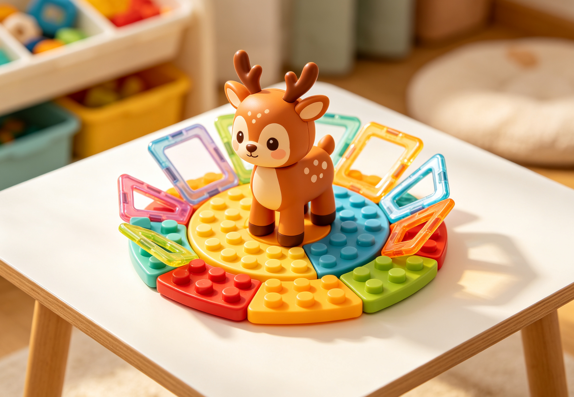 A child playing with a vibrant assortment of Cutedeer Duplo-compatible blocks, magnetic tiles, and a large Lego-compatible base plate, showcasing creative modular construction in 2026.