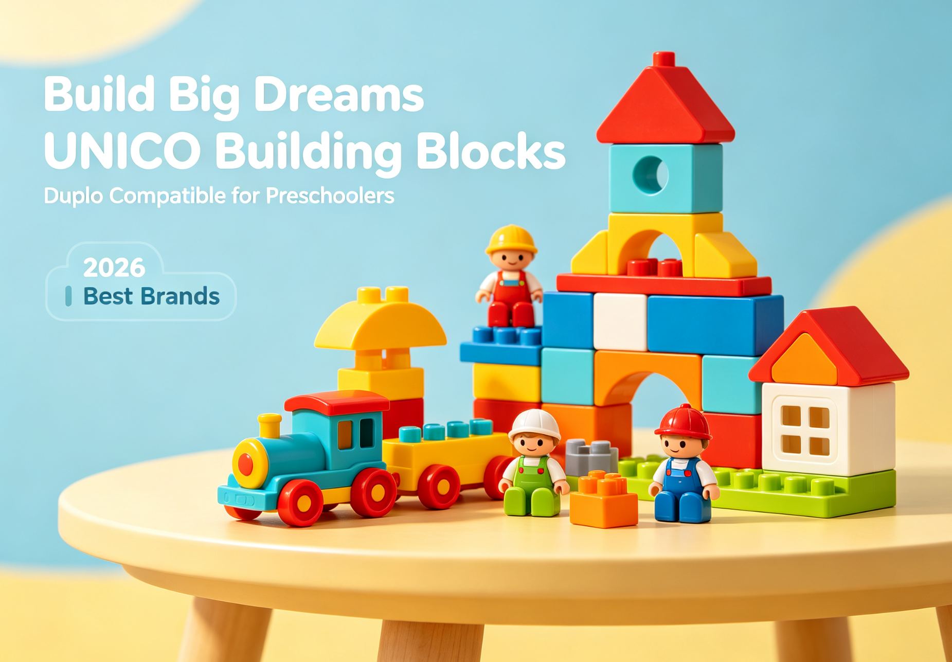 A child playing happily with colorful Unico and Duplo compatible building blocks, illustrating creative play and compatibility.