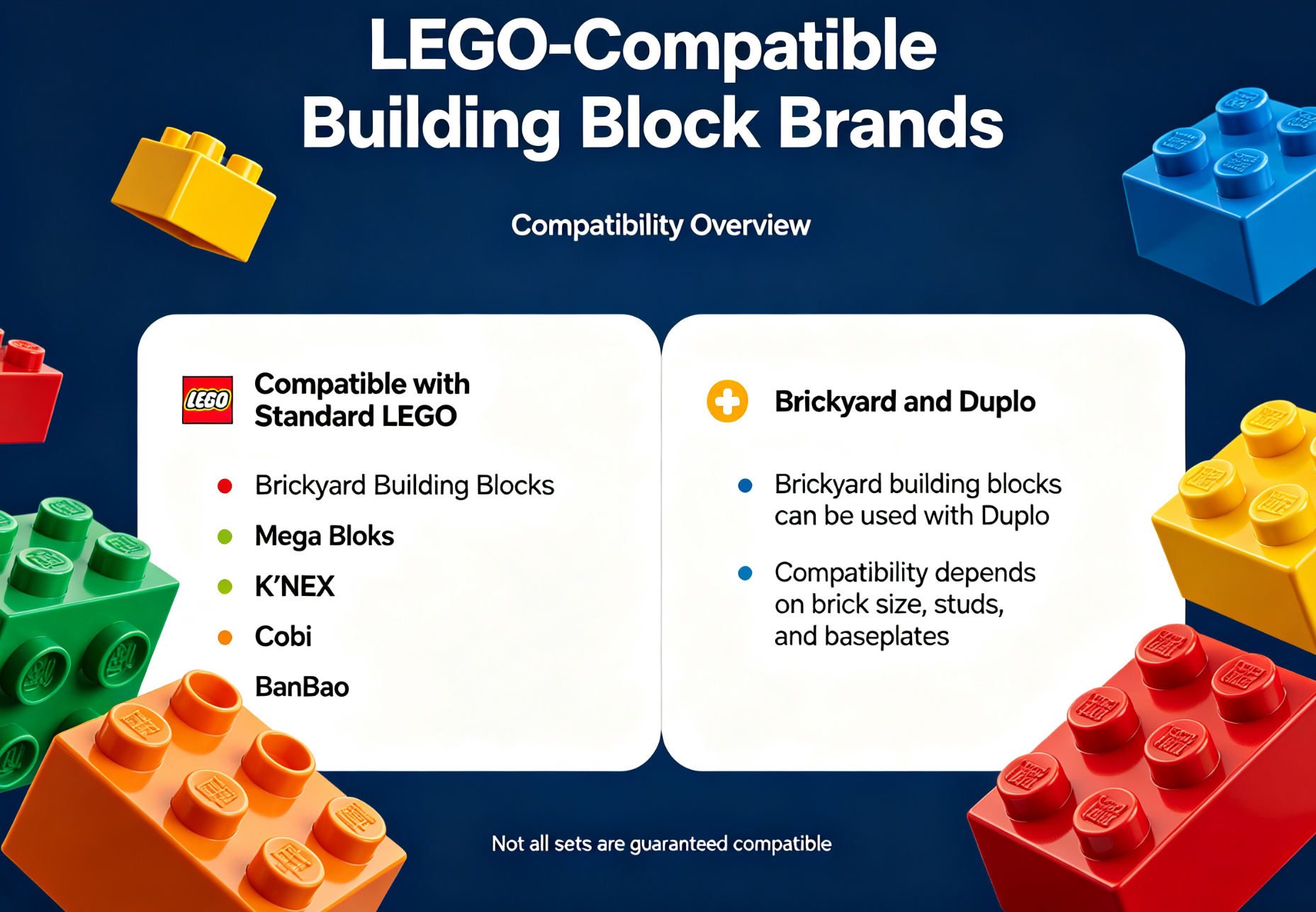 Close-up of interlocking building blocks from different brands connected together